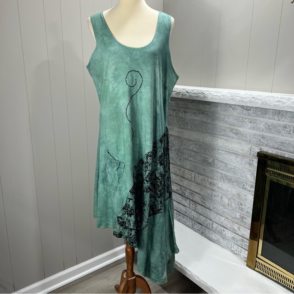 Steel Pony Green Tie Dye Black Embroidered Asymmetrical Artsy Tank Dress 3 XL